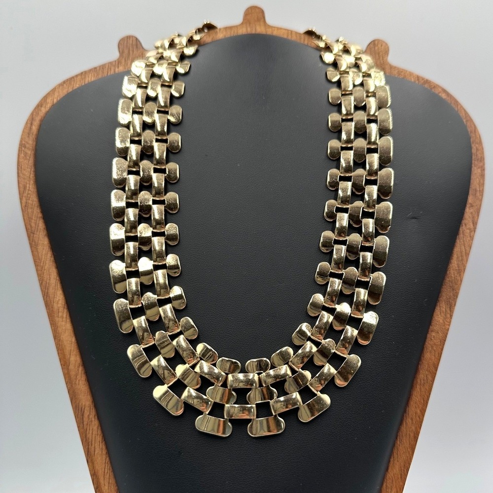 Gold Tone Necklace Wide Woven Panther Link Box Clasp 18" Polished